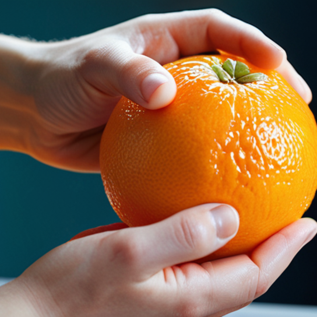 A close-up, high-definition shot of hands gently peeling a fresh, vibrant orange. Emphasize the tactile texture of the peel, the subtle mist released, and the rich, saturated color of the fruit. Soft, natural light highlights the details, conveying a sense of mindful engagement and appreciation for the food's sensory qualities in a peaceful setting.