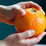 A close-up, high-definition shot of hands gently peeling a fresh, vibrant orange. Emphasize the tactile texture of the peel, the subtle mist released, and the rich, saturated color of the fruit. Soft, natural light highlights the details, conveying a sense of mindful engagement and appreciation for the food's sensory qualities in a peaceful setting.