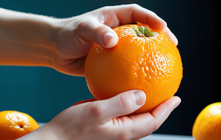 A close-up, high-definition shot of hands gently peeling a fresh, vibrant orange. Emphasize the tactile texture of the peel, the subtle mist released, and the rich, saturated color of the fruit. Soft, natural light highlights the details, conveying a sense of mindful engagement and appreciation for the food's sensory qualities in a peaceful setting.