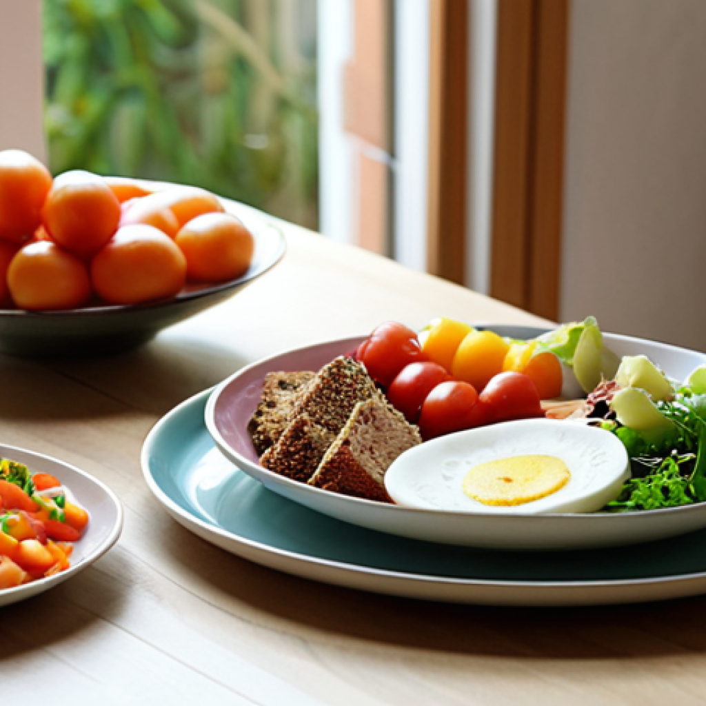 **Image Prompt:** A serene dining table setting in a cozy, naturally lit room. Focus on a single plate with colorful, fresh food. Include elements like a person mindfully pausing before eating, eyes closed, hands resting on the table. Soft focus on background details like a window overlooking a garden. The overall mood is calm and appreciative.
