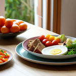 **Image Prompt:** A serene dining table setting in a cozy, naturally lit room. Focus on a single plate with colorful, fresh food. Include elements like a person mindfully pausing before eating, eyes closed, hands resting on the table. Soft focus on background details like a window overlooking a garden. The overall mood is calm and appreciative.