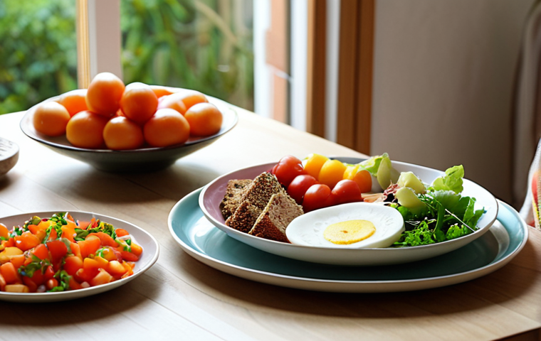**Image Prompt:** A serene dining table setting in a cozy, naturally lit room. Focus on a single plate with colorful, fresh food. Include elements like a person mindfully pausing before eating, eyes closed, hands resting on the table. Soft focus on background details like a window overlooking a garden. The overall mood is calm and appreciative.