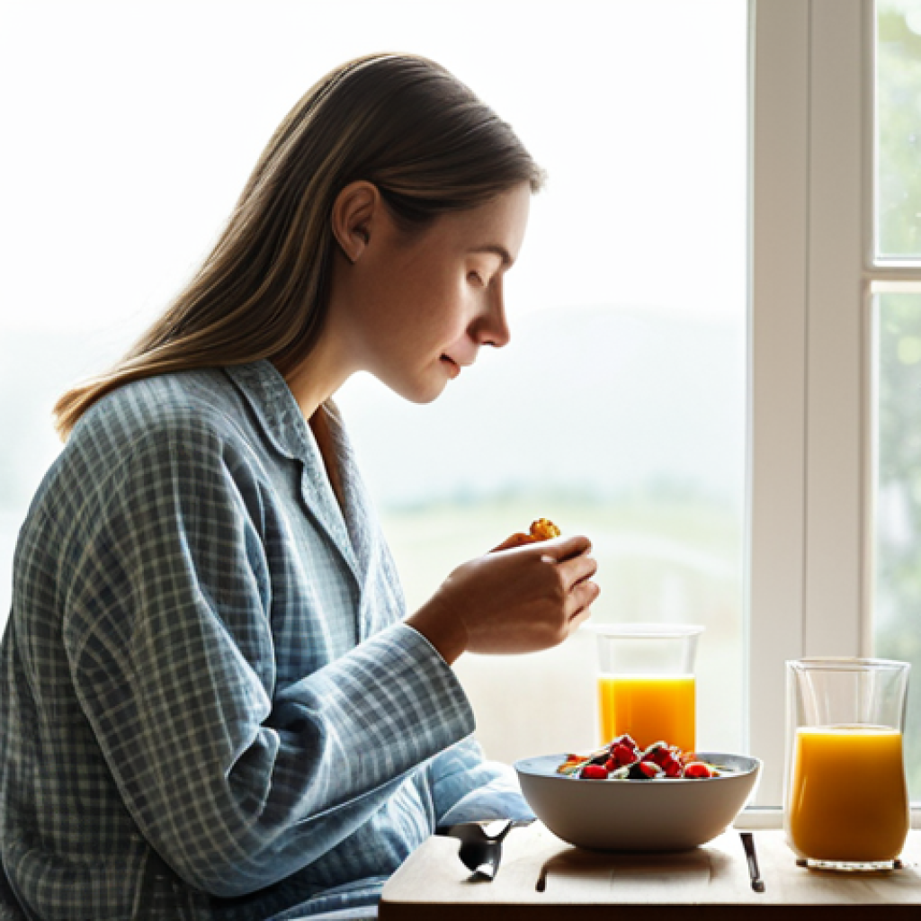 의식적 식사법을 통한 행복 찾기 - Mindful Breakfast Scene**
"A serene morning scene featuring a woman enjoying breakfast. She is full...