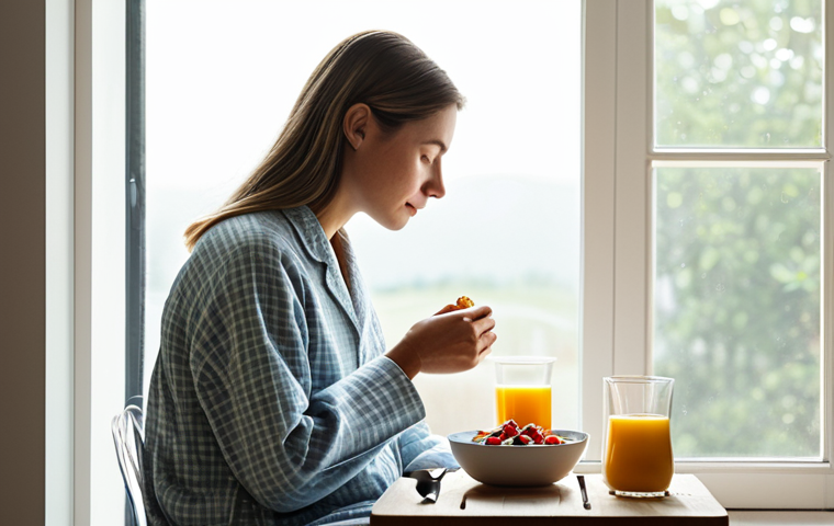 의식적 식사법을 통한 행복 찾기 - Mindful Breakfast Scene**
"A serene morning scene featuring a woman enjoying breakfast. She is full...