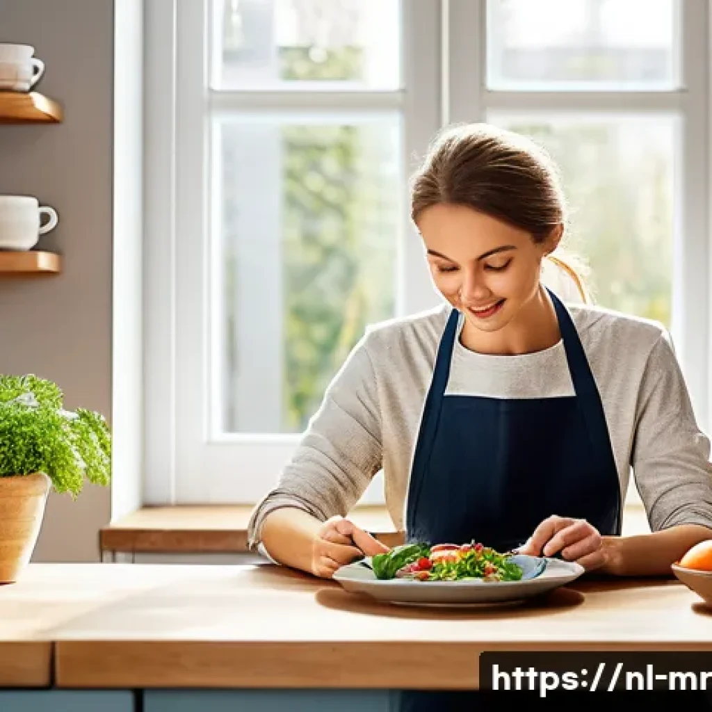 의식적 식사법을 통한 자기 사랑 - A peaceful indoor dining scene in a cozy, well-lit Dutch kitchen with large windows allowing natural...