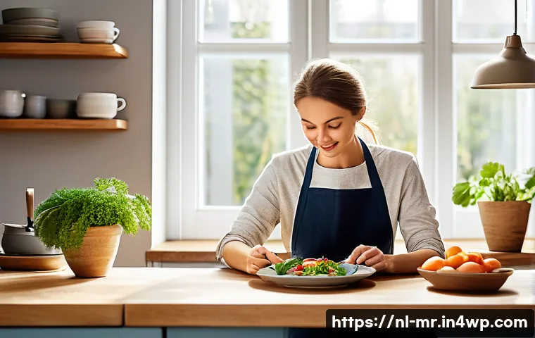 의식적 식사법을 통한 자기 사랑 - A peaceful indoor dining scene in a cozy, well-lit Dutch kitchen with large windows allowing natural...