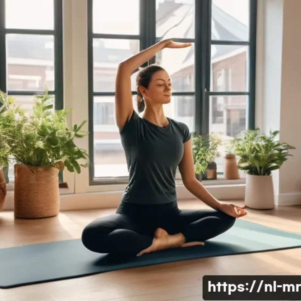 의식적 식사법과 요가의 관계 - A serene indoor scene of a Dutch woman practicing gentle yoga in a sunlit room decorated with minima...