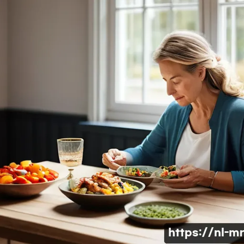 의식적 식사법과 긍정적 영양 - A serene dining scene in a modern Dutch home, featuring a middle-aged woman sitting at a wooden tabl...
