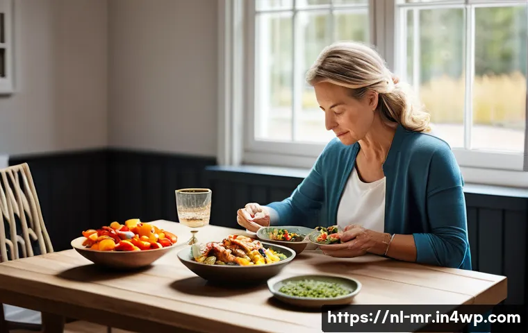 의식적 식사법과 긍정적 영양 - A serene dining scene in a modern Dutch home, featuring a middle-aged woman sitting at a wooden tabl...