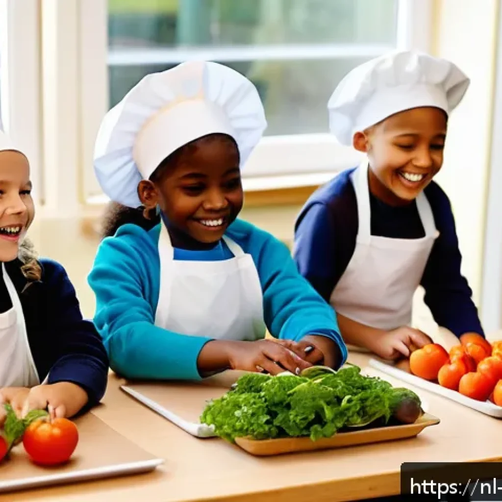 의식적 식사법의 교육적 접근법 - A vibrant Dutch primary school classroom during a hands-on cooking workshop, showing diverse childre...