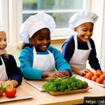 의식적 식사법의 교육적 접근법 - A vibrant Dutch primary school classroom during a hands-on cooking workshop, showing diverse childre...