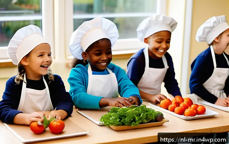 의식적 식사법의 교육적 접근법 - A vibrant Dutch primary school classroom during a hands-on cooking workshop, showing diverse childre...
