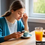 의식적 식사법의 실천을 위한 앱 추천 - A serene Dutch breakfast scene featuring a young adult woman sitting at a wooden table by a window, ...