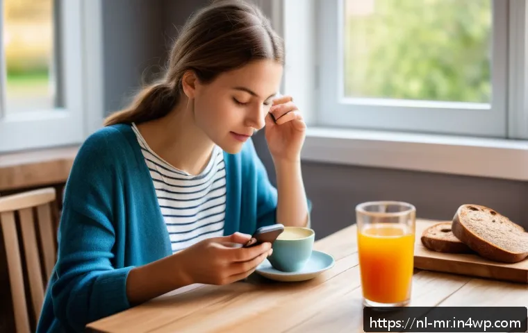 의식적 식사법의 실천을 위한 앱 추천 - A serene Dutch breakfast scene featuring a young adult woman sitting at a wooden table by a window, ...