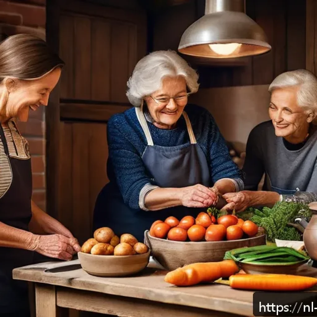 의식적 식사법과 세대 간의 차이 - A warm, cozy Dutch family kitchen scene during a festive holiday, showing three generations cooking ...