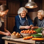 의식적 식사법과 세대 간의 차이 - A warm, cozy Dutch family kitchen scene during a festive holiday, showing three generations cooking ...