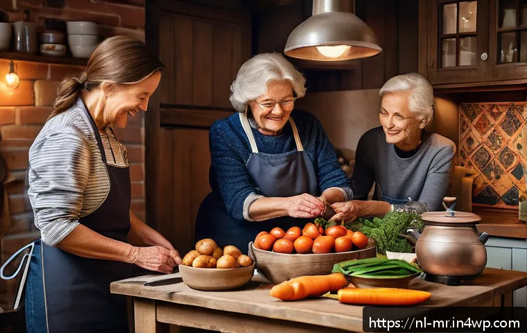 의식적 식사법과 세대 간의 차이 - A warm, cozy Dutch family kitchen scene during a festive holiday, showing three generations cooking ...