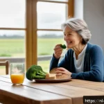 의식적 식사법을 통한 소화 개선 - A cozy Dutch family kitchen scene featuring a middle-aged woman sitting at a wooden dining table, ea...