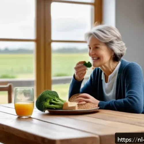 의식적 식사법을 통한 소화 개선 - A cozy Dutch family kitchen scene featuring a middle-aged woman sitting at a wooden dining table, ea...