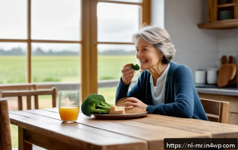 의식적 식사법을 통한 소화 개선 - A cozy Dutch family kitchen scene featuring a middle-aged woman sitting at a wooden dining table, ea...