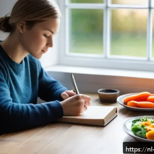 의식적 식사법을 위한 식사 일지 작성법 - A cozy Dutch kitchen scene showing a person in casual clothing writing in a food diary next to a win...