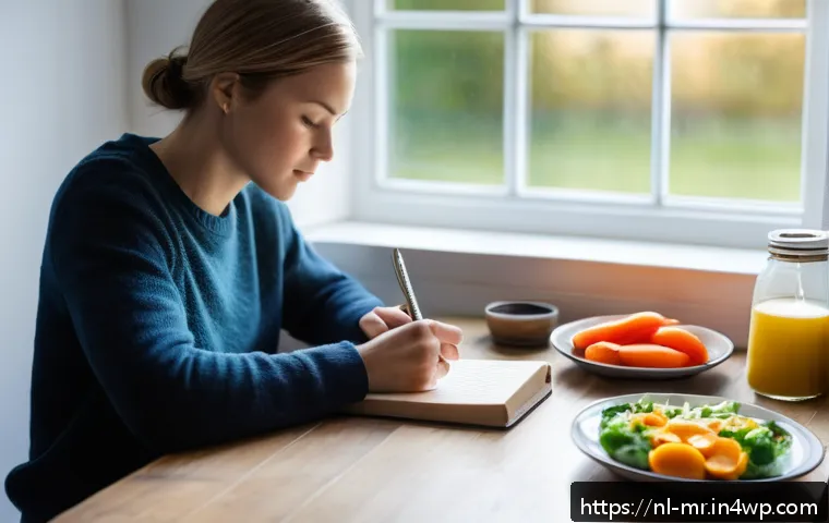 의식적 식사법을 위한 식사 일지 작성법 - A cozy Dutch kitchen scene showing a person in casual clothing writing in a food diary next to a win...