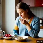 Home 23 의식적 식사법과 생리주기의 관계 - Photorealistic morning scene in a bright Amsterdam apartment kitchen, an adult Dutch woman in a soft...