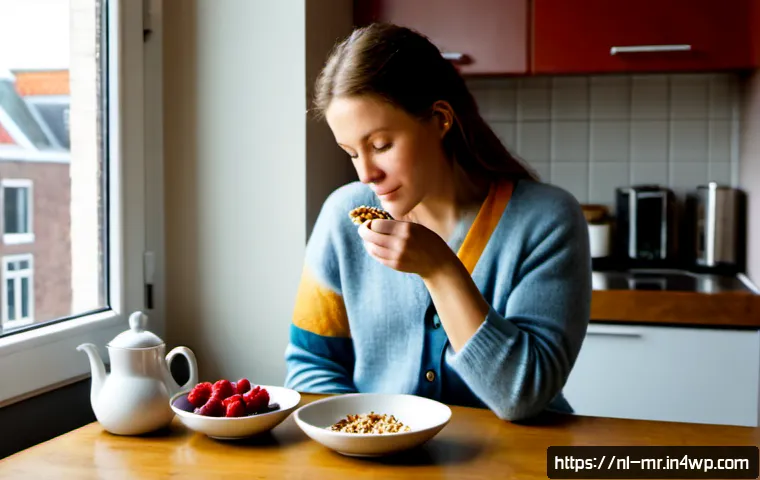 의식적 식사법과 생리주기의 관계 - Photorealistic morning scene in a bright Amsterdam apartment kitchen, an adult Dutch woman in a soft...