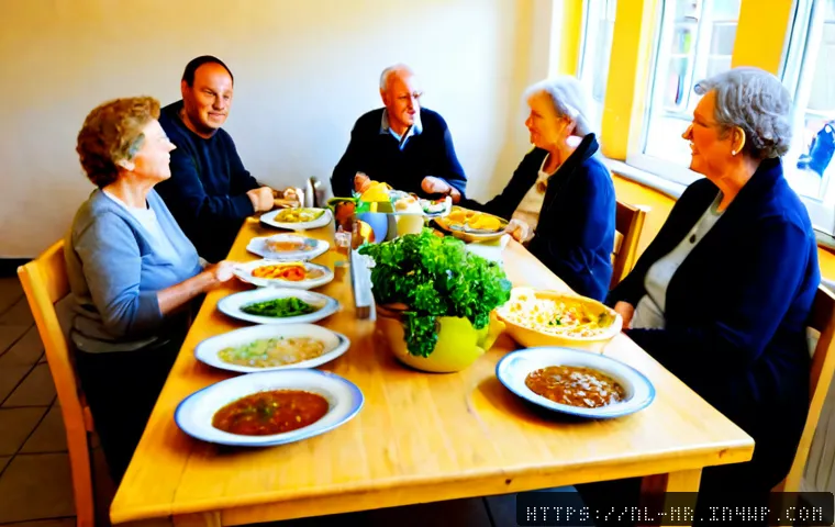 Home 17 의식적 식사법의 사회적 역할 - Photorealistic Dutch community lunch in a bright neighborhood center, diverse adults and seniors sea...