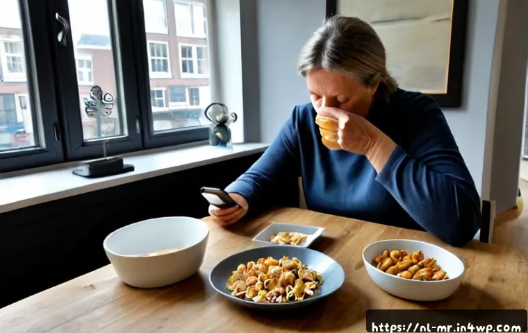 Home 17 의식적 식사법의 오류와 해결 방법 - Photorealistic Dutch home kitchen scene showing a mindful eating mistake: an overwhelmed middle-aged...