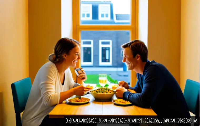Home 17 의식적 식사법을 통해 가족과의 관계 개선 - Photorealistic Dutch family of four sharing a mindful evening meal at a bright modern dining table, ...