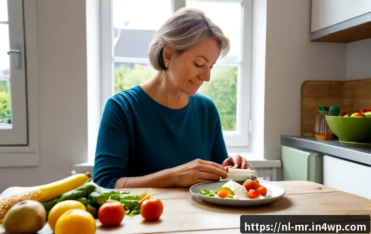 Home 17 의식적 식사법의 혁신적인 접근법 - Photorealistic mindful eating scene in a bright Dutch apartment kitchen, a relaxed middle-aged woman...